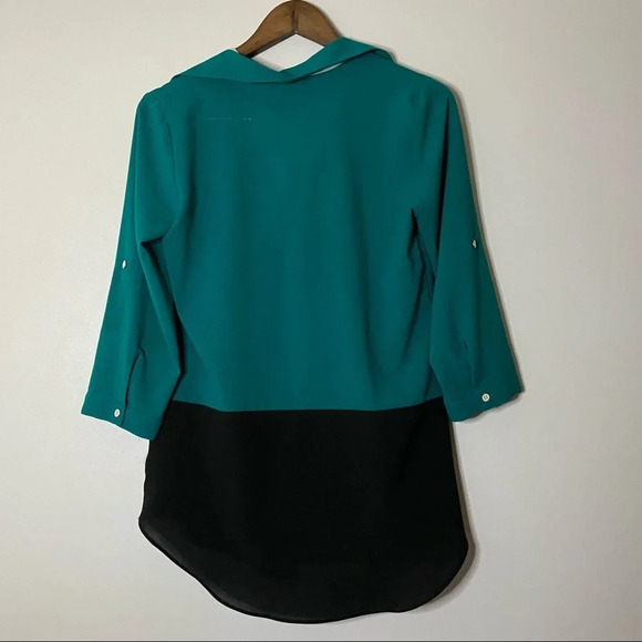 Colorblock Top Tunic Style Blouse Button Shirt Size Large Green Black 3/4 Sleeve - Picture 7 of 8